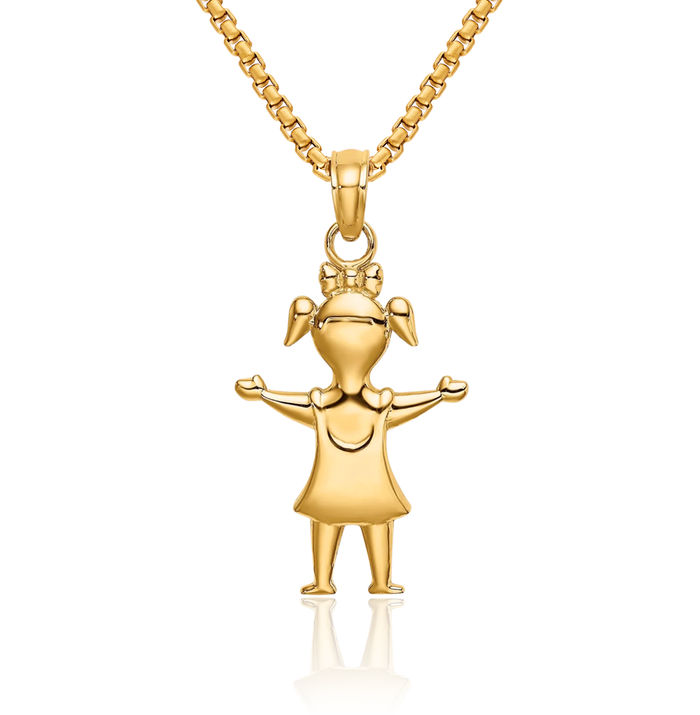 10K Solid Yellow Gold Girl Pig Tails Necklace Chain Pendant Charm