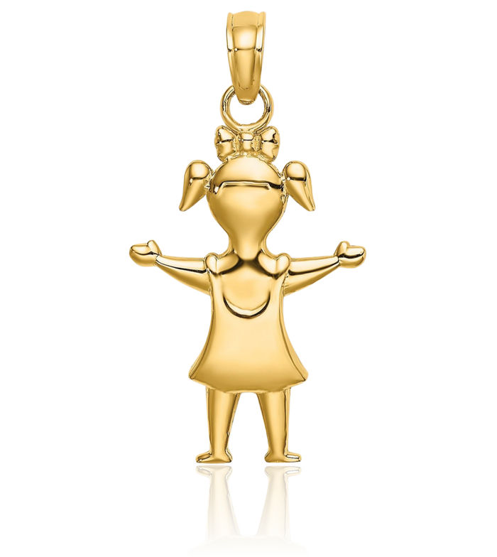 10K Solid Yellow Gold Girl Pig Tails Necklace Chain Pendant Charm