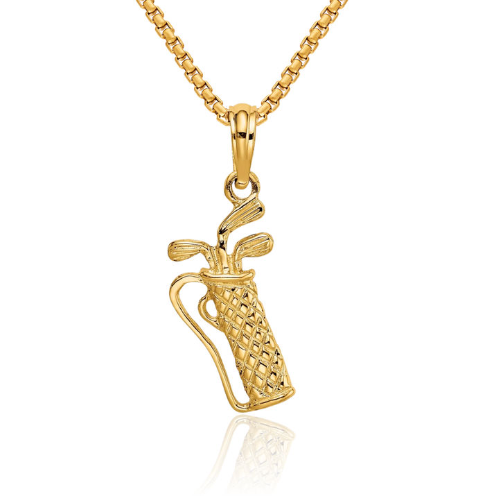 10K Solid Yellow Gold Golf Bag Clubs Necklace Charm Sports Pendant