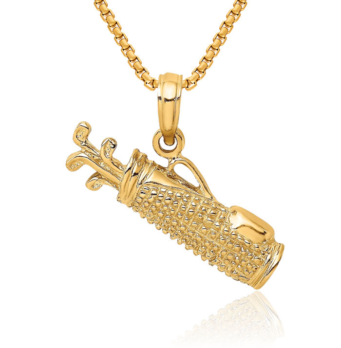 10K Solid Yellow Gold Golf Bag Necklace Charm Sports Pendant