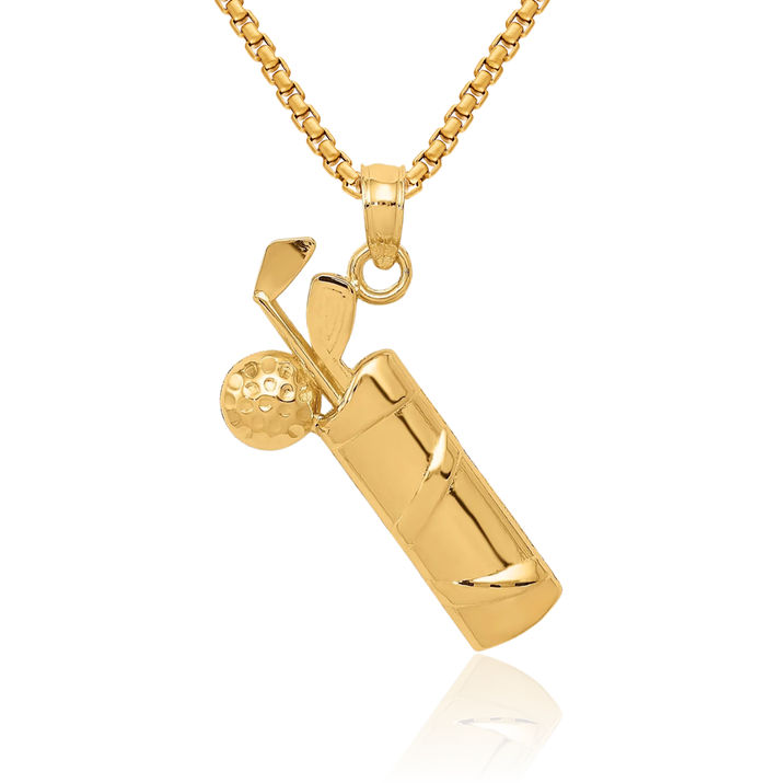 10K Solid Yellow Gold Golf Bag Necklace Charm Sports Pendant