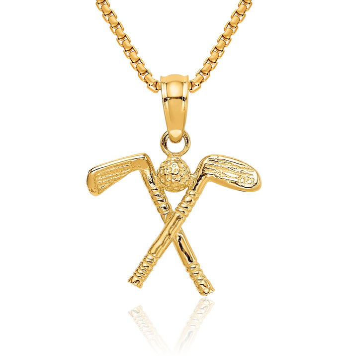 10K Solid Yellow Gold Golf Clubs Ball Necklace Charm Sports Pendant