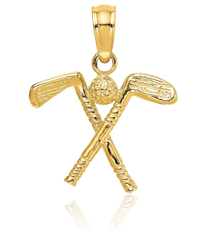 10K Solid Yellow Gold Golf Clubs Ball Necklace Charm Sports Pendant