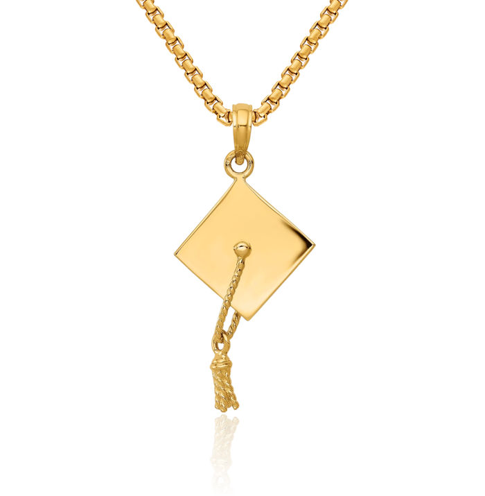 10K Solid Yellow Gold Graduation Cap Necklace Chain Pendant Charm