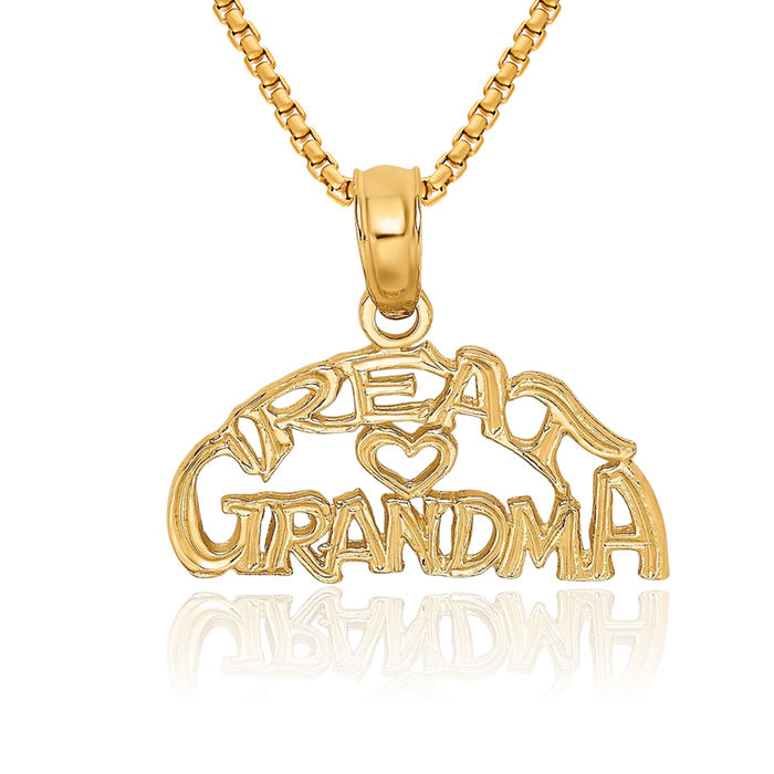 10K Solid Yellow Gold Block Great Grandma Necklace Nana Charm Grandmother Pendant