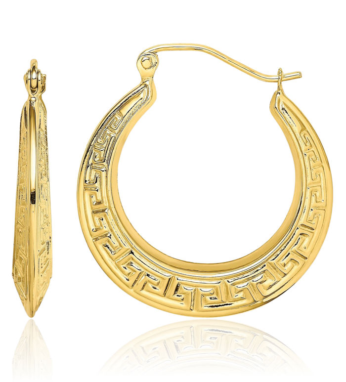 10K Solid Yellow Gold Greek Key Round Medium Hoop Earrings