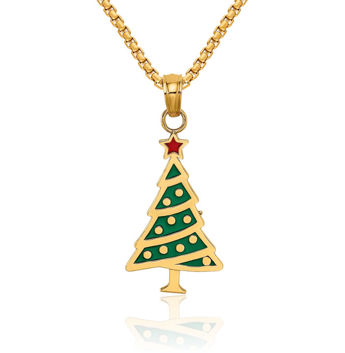 10K Solid Yellow Gold Green Christmas Tree Red Star Necklace Chain Pendant Charm