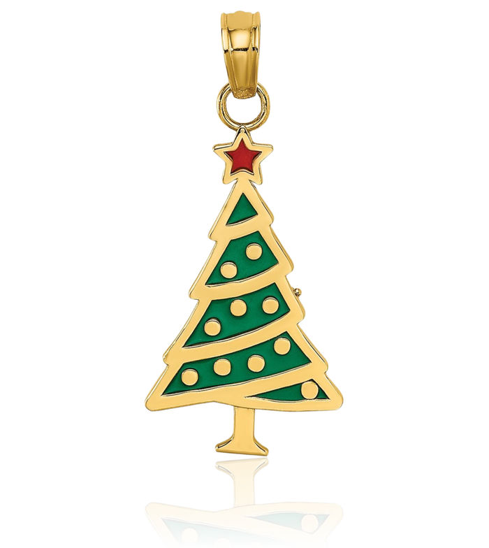 10K Solid Yellow Gold Green Christmas Tree Red Star Necklace Chain Pendant Charm