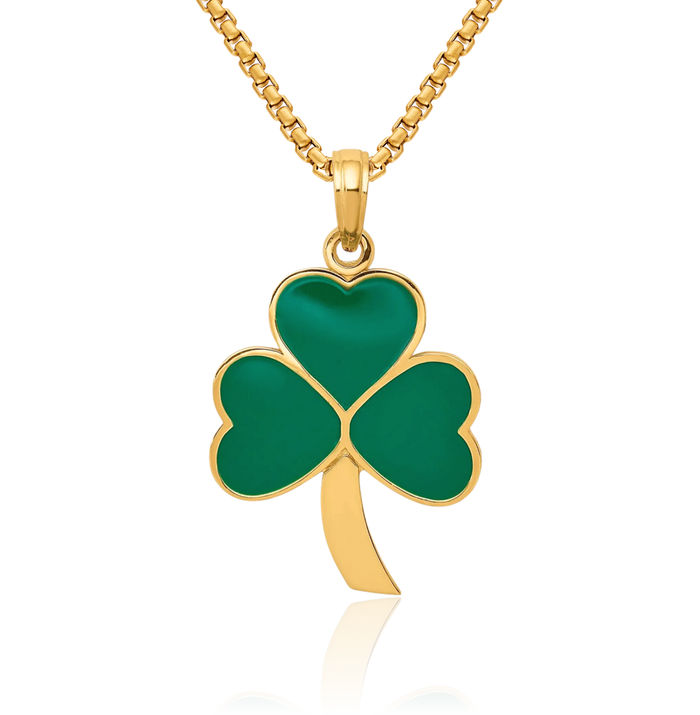 10K Solid Yellow Gold Green Lucky Clover Leaf Shamrock Flower Necklace Chain Pendant Charm