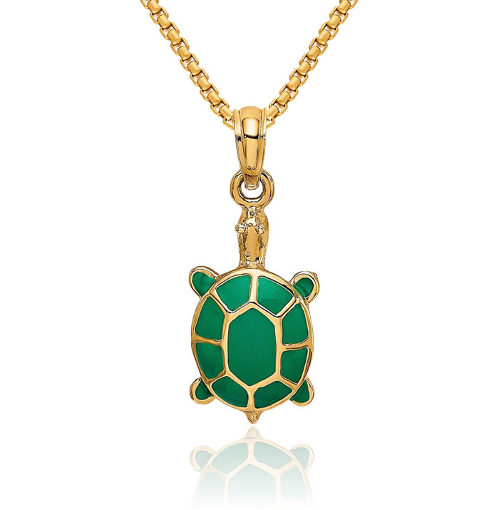 10K Solid Yellow Gold Green Sea Turtle Necklace Chain Pendant Charm