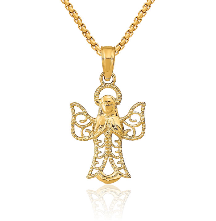 10K Solid Yellow Gold Guardian Angel Antique Filigree Wings Necklace Protect Us Cherub Pendant Religious Charm