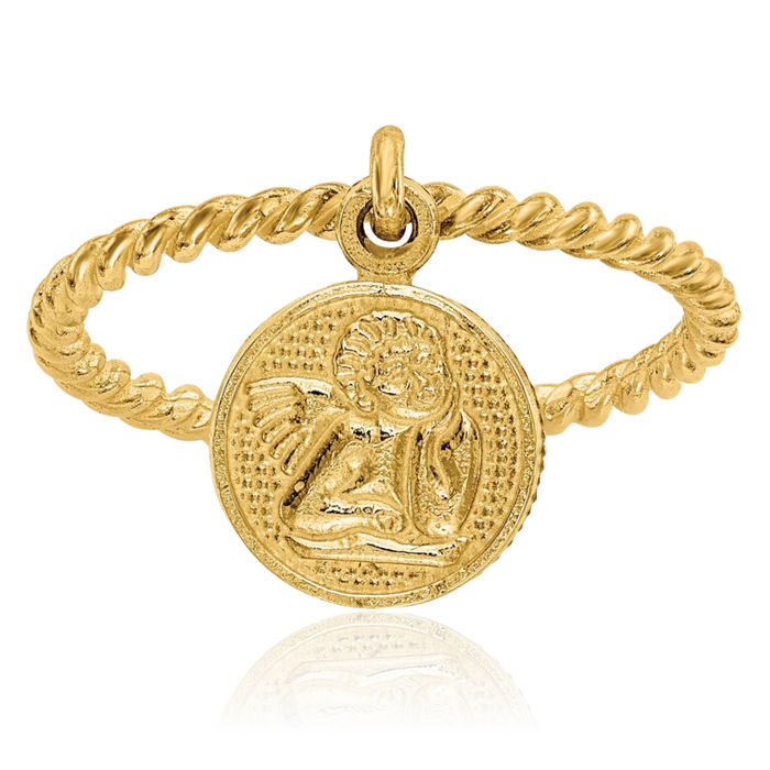 10K Solid Yellow Gold Guardian Angel Wings Dangling Charm Ring