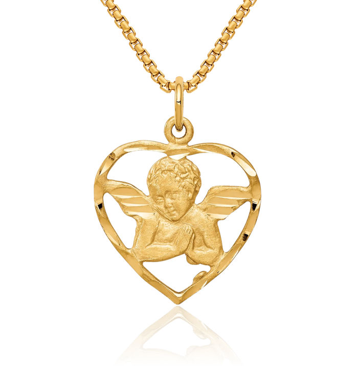 10K Solid Yellow Gold Guardian Angel Wings Heart Necklace Protect Us Cherub Pendant Religious Charm