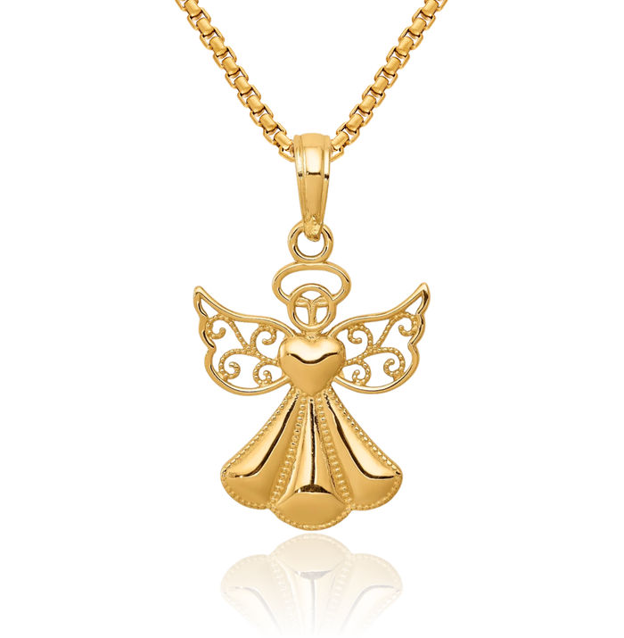 10K Solid Yellow Gold Guardian Angel Wings Heart Necklace Protect Us Cherub Pendant Religious Charm