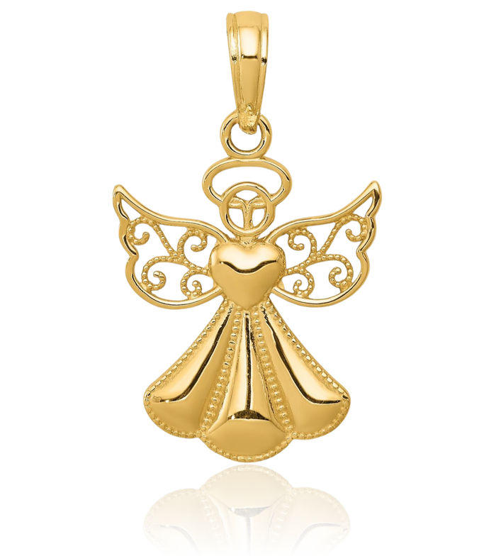 10K Solid Yellow Gold Guardian Angel Wings Heart Necklace Protect Us Cherub Pendant Religious Charm