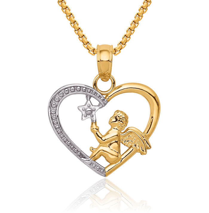 10K Solid Yellow Gold Guardian Angel Wings Heart Star Necklace Chain Pendant Charm