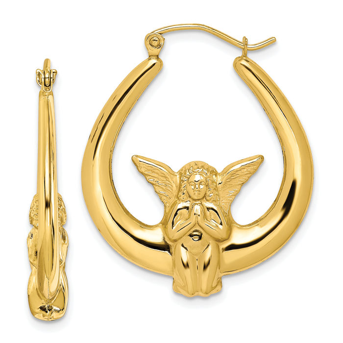 10K Solid Yellow Gold Guardian Angel Wings Medium Hoop Earrings