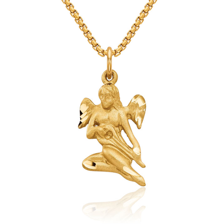 10K Solid Yellow Gold Guardian Angel Wings Necklace Protect Us Cherub Pendant Religious Charm