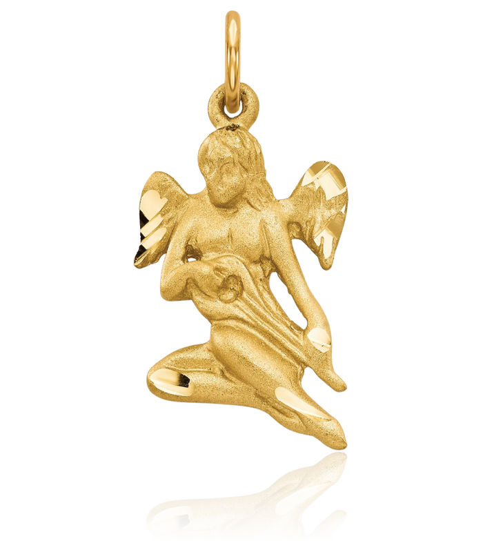 10K Solid Yellow Gold Guardian Angel Wings Necklace Protect Us Cherub Pendant Religious Charm