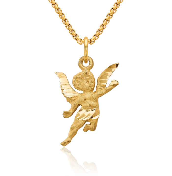 10K Solid Yellow Gold Guardian Angel Wings Necklace Protect Us Cherub Pendant Religious Charm