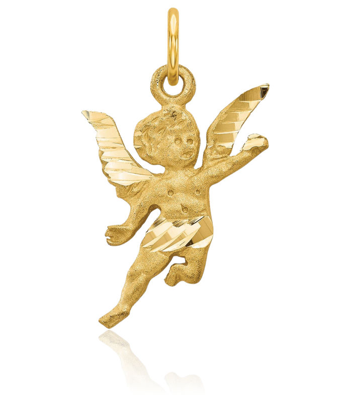 10K Solid Yellow Gold Guardian Angel Wings Necklace Protect Us Cherub Pendant Religious Charm