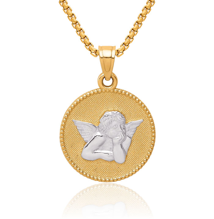 10K Solid Yellow Gold Guardian Angel Wings Necklace Protect Us Cherub Pendant Religious Charm