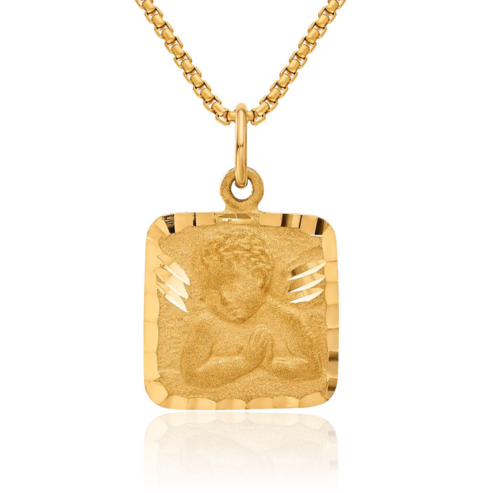 10K Solid Yellow Gold Guardian Angel Wings Necklace Protect Us Cherub Pendant Religious Charm