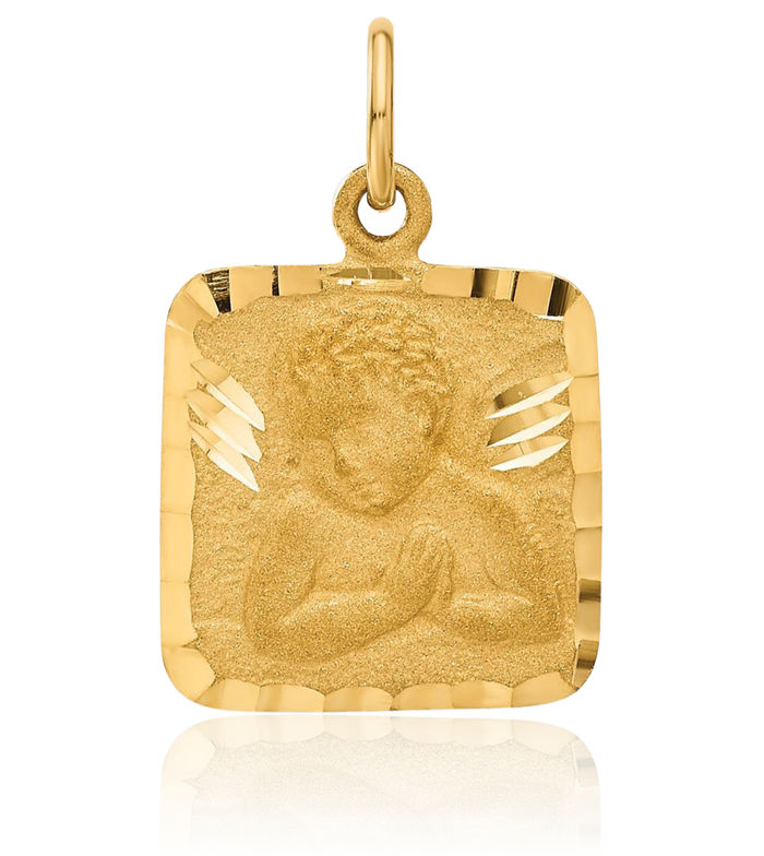 10K Solid Yellow Gold Guardian Angel Wings Necklace Protect Us Cherub Pendant Religious Charm