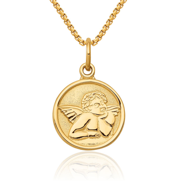 10K Solid Yellow Gold Guardian Angel Wings Necklace Protect Us Cherub Pendant Religious Charm