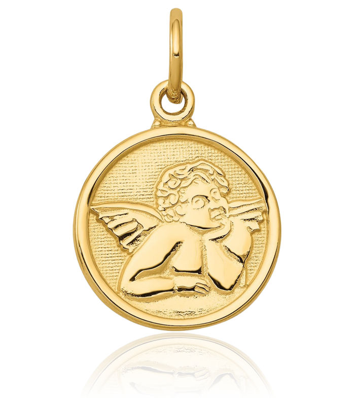 10K Solid Yellow Gold Guardian Angel Wings Necklace Protect Us Cherub Pendant Religious Charm