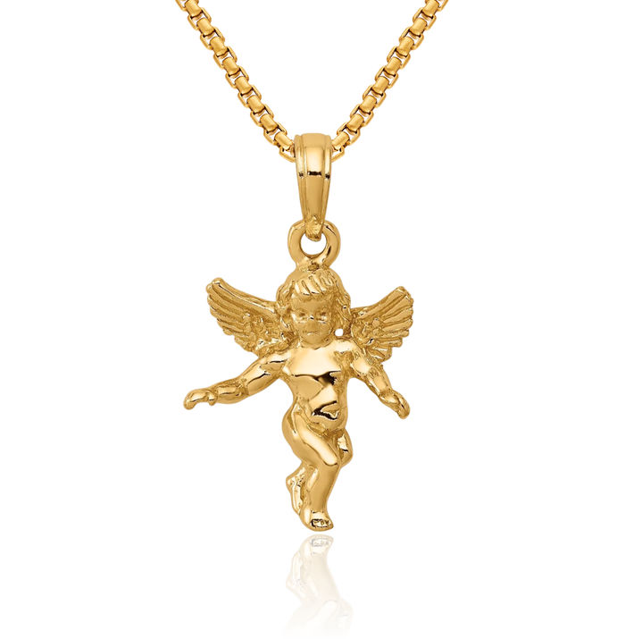 10K Solid Yellow Gold Guardian Angel Wings Necklace Protect Us Cherub Pendant Religious Charm