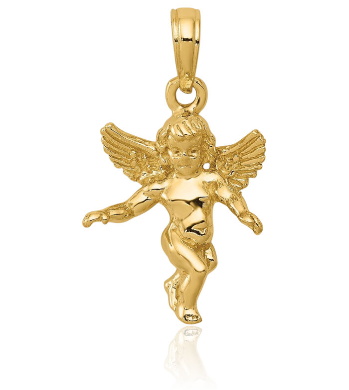 10K Solid Yellow Gold Guardian Angel Wings Necklace Protect Us Cherub Pendant Religious Charm