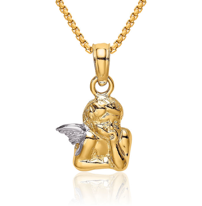 10K Solid Yellow Gold Guardian Angel Wings Resting Elbow Single Wing Necklace Protect Us Cherub Pendant Religious Charm