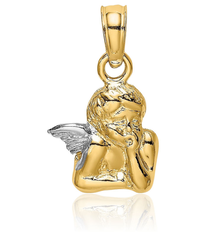 10K Solid Yellow Gold Guardian Angel Wings Resting Elbow Single Wing Necklace Protect Us Cherub Pendant Religious Charm