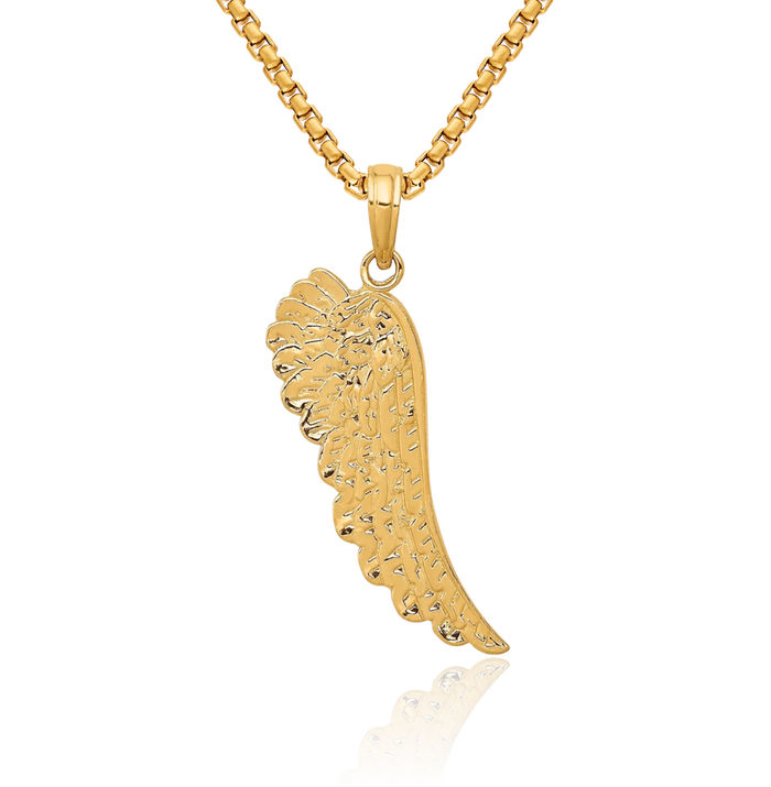 10K Solid Yellow Gold Guardian Angel Wings Single Wing Necklace Protect Us Cherub Pendant Religious Charm