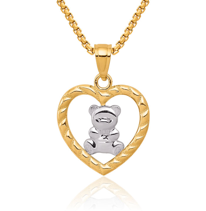 10K Solid Yellow Gold Gummy Teddy Bear Heart Necklace Love Pendant Charm