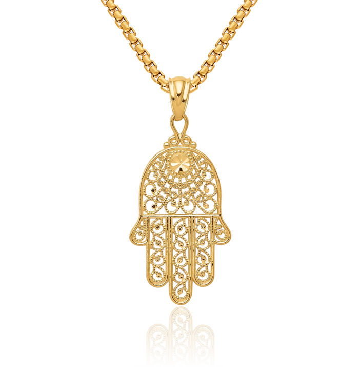 10K Solid Yellow Gold Hamsa Hand of Fatima Evil Eye Protection Necklace Judaica Religious Chain Pendant Israel Charm