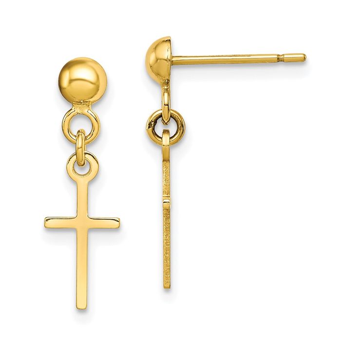 10K Solid Yellow Gold Hanging Holy Cross Christian Religious Drop Dangle Earrings
