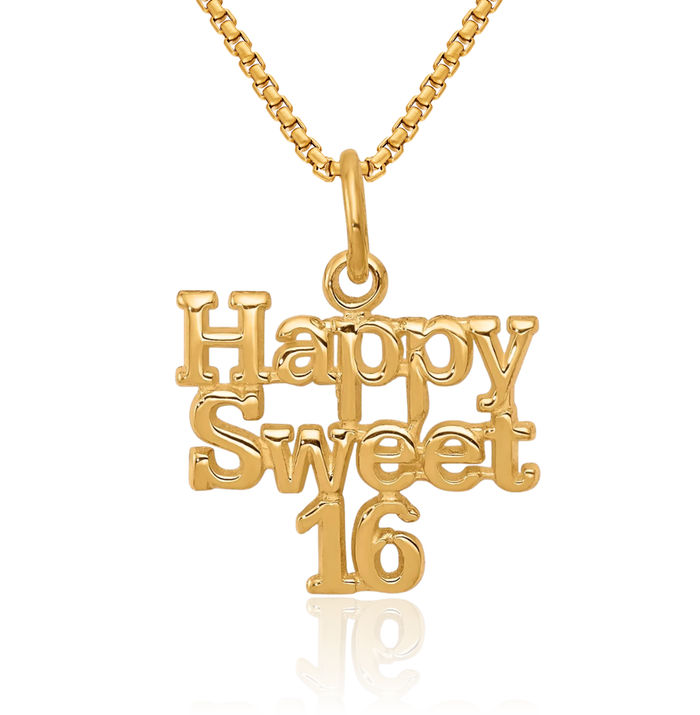 10K Solid Yellow Gold Happy Sweet 16 Years Old Birthday Necklace Chain Pendant Charm