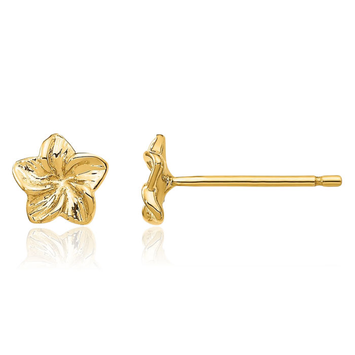 10K Solid Yellow Gold Hawaiian Plumeria Flower Stud Earrings