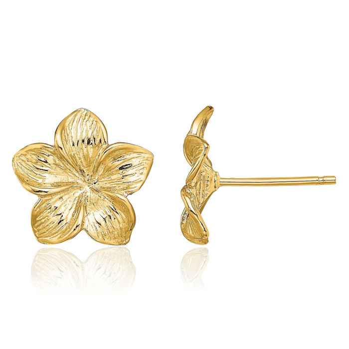 10K Solid Yellow Gold Hawaiian Plumeria Flower Stud Earrings