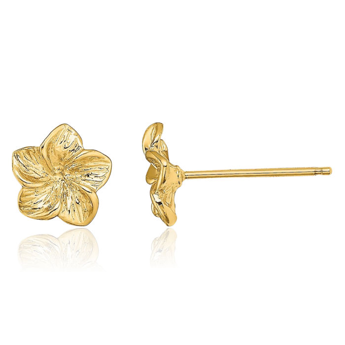 10K Solid Yellow Gold Hawaiian Plumeria Flower Stud Earrings