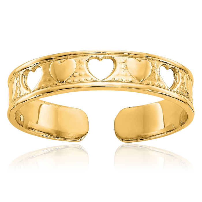 10K Solid Yellow Gold Heart Adjustable Toe Ring Open Midi Band Summer Beach Jewelry