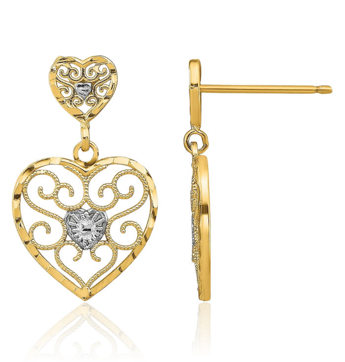 10K Solid Yellow Gold Heart Beaded Antique Filigree Drop Dangle Earrings