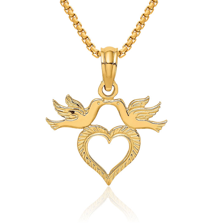 10K Solid Yellow Gold Heart Birds Necklace Chain Pendant Charm