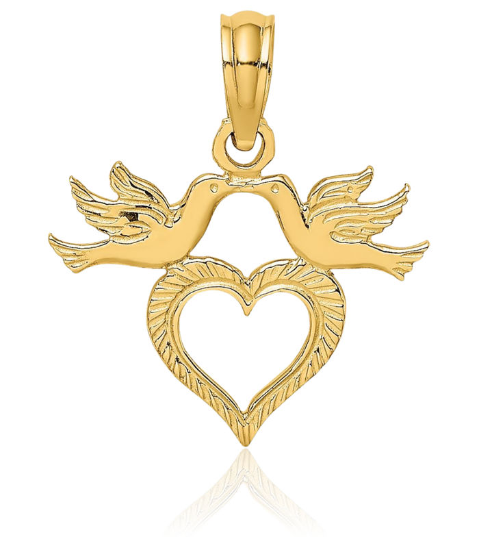 10K Solid Yellow Gold Heart Birds Necklace Chain Pendant Charm