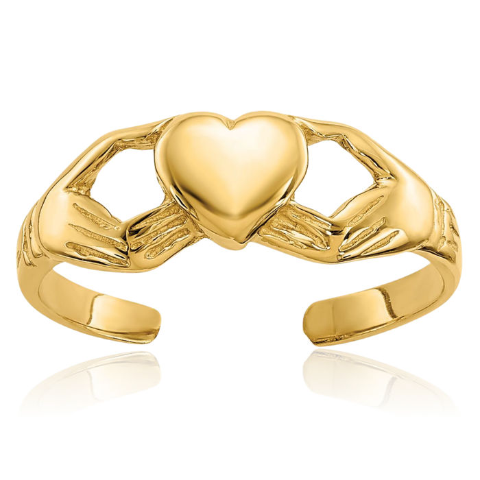 10K Solid Yellow Gold Heart Irish Claddagh Celtic Adjustable Toe Ring Open Midi Band Summer Beach Jewelry