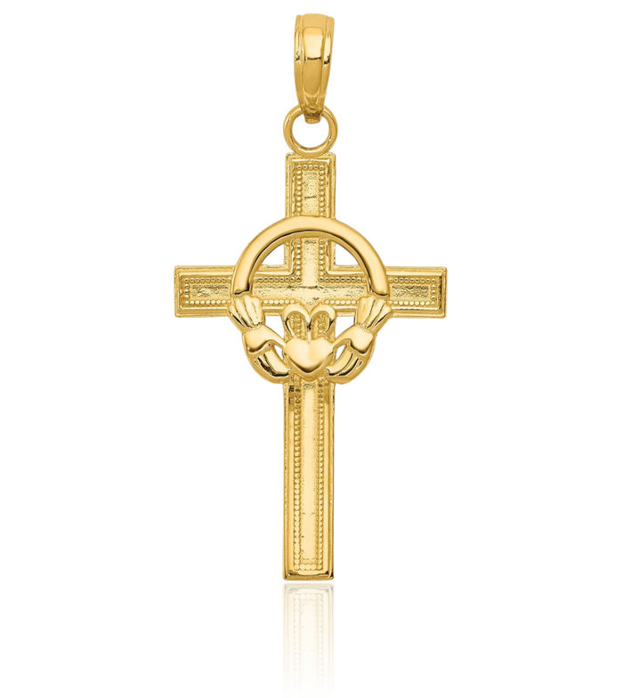 10K Solid Yellow Gold Heart Irish Claddagh Celtic Holy Cross Necklace Religious Chain Pendant Jesus Christ Charm Jewelry
