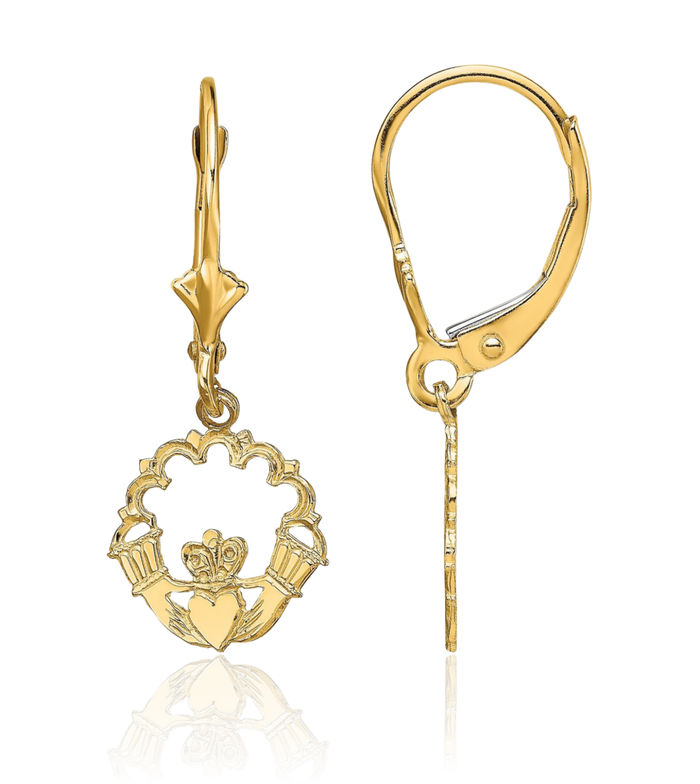 10K Solid Yellow Gold Heart Irish Claddagh Celtic Drop Dangle Earrings Jewelry