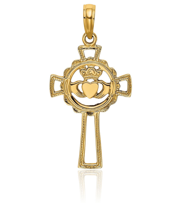 10K Solid Yellow Gold Heart Irish Claddagh Celtic Iona Holy Cross Necklace Religious Chain Pendant Jesus Christ Charm Jewelry